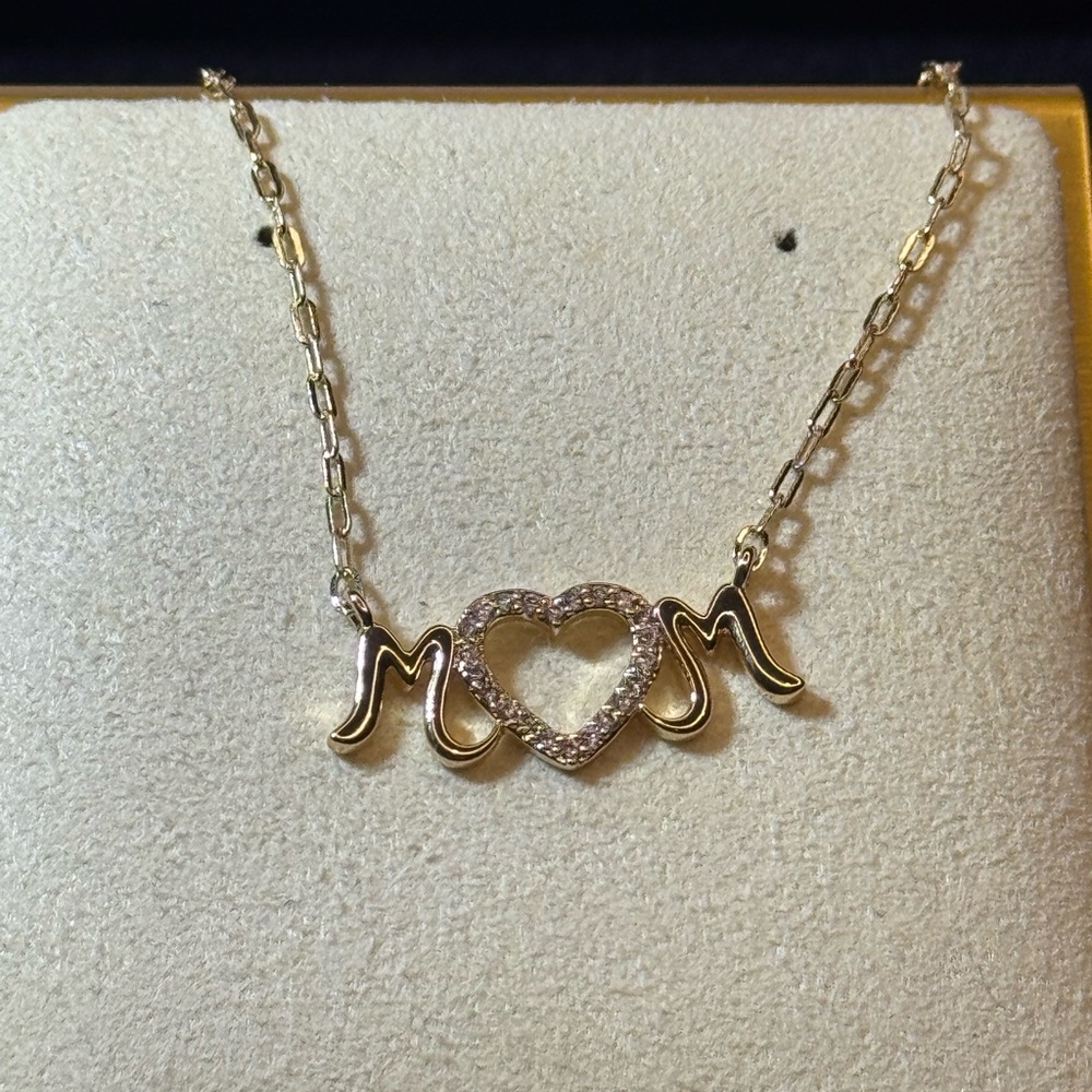 Crystal Heart “MOM” Pendant 14k Gold overlay Necklace Made W/ Swarovski Crystals